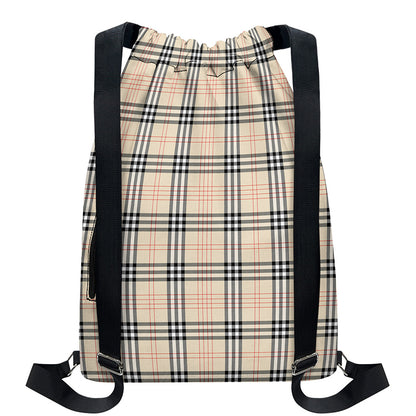 Beige Tartan Pattern Print Drawstring Backpack