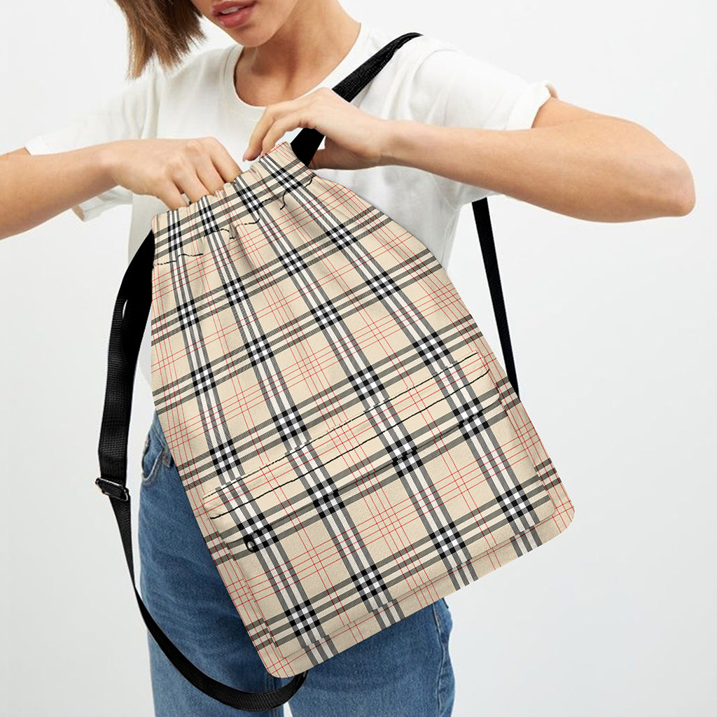 Beige Tartan Pattern Print Drawstring Backpack