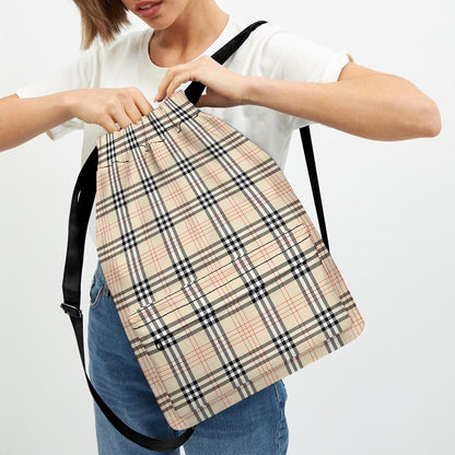Beige Tartan Pattern Print Drawstring Backpack