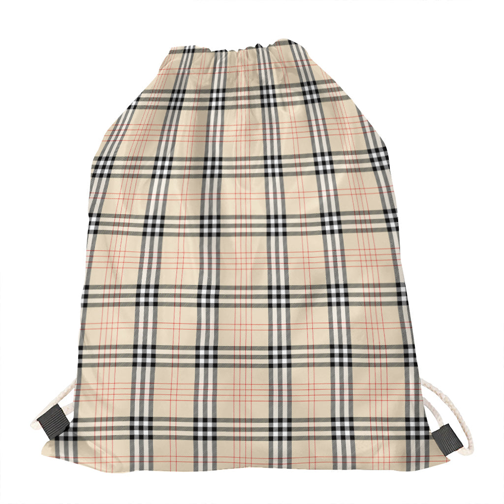 Beige Tartan Pattern Print Drawstring Bag