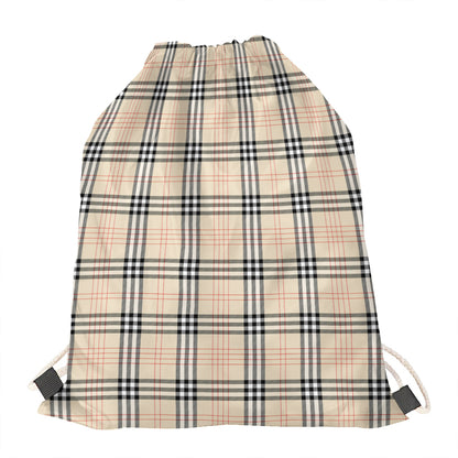Beige Tartan Pattern Print Drawstring Bag