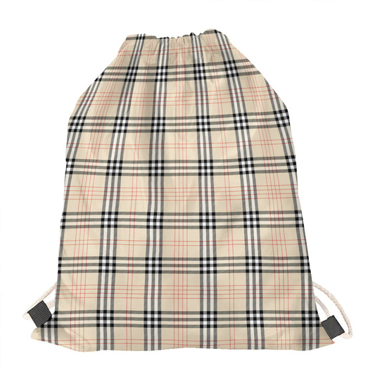 Beige Tartan Pattern Print Drawstring Bag