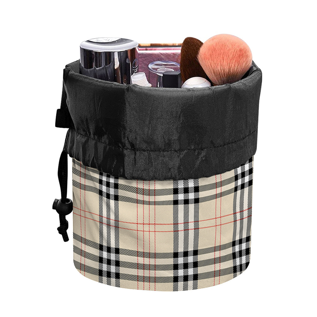 Beige Tartan Pattern Print Drawstring Makeup Bag