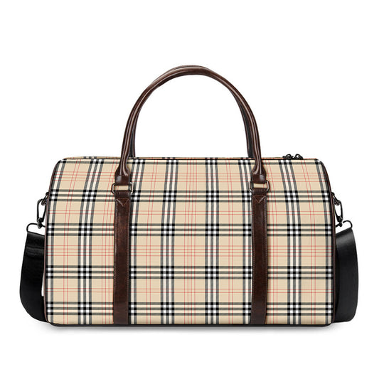 Beige Tartan Pattern Print Duffle Bag