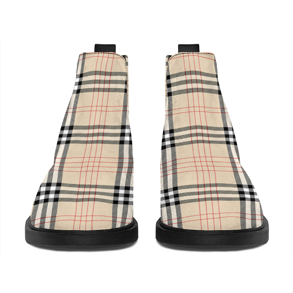 Beige Tartan Pattern Print Flat Ankle Boots