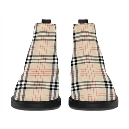 Beige Tartan Pattern Print Flat Ankle Boots