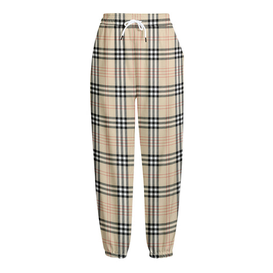 Beige Tartan Pattern Print Fleece Lined Knit Pants