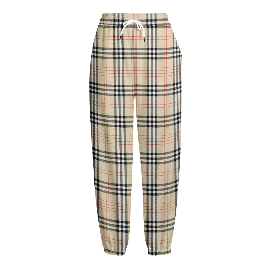 Beige Tartan Pattern Print Fleece Lined Knit Pants