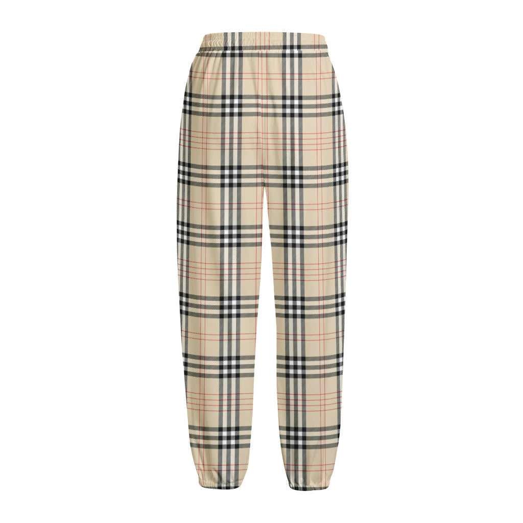 Beige Tartan Pattern Print Fleece Lined Knit Pants