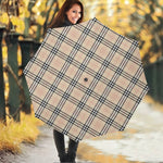 Beige Tartan Pattern Print Foldable Umbrella