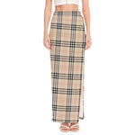 Beige Tartan Pattern Print High Slit Maxi Skirt
