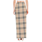 Beige Tartan Pattern Print High Slit Maxi Skirt
