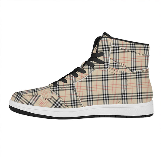 Beige Tartan Pattern Print High Top Leather Sneakers