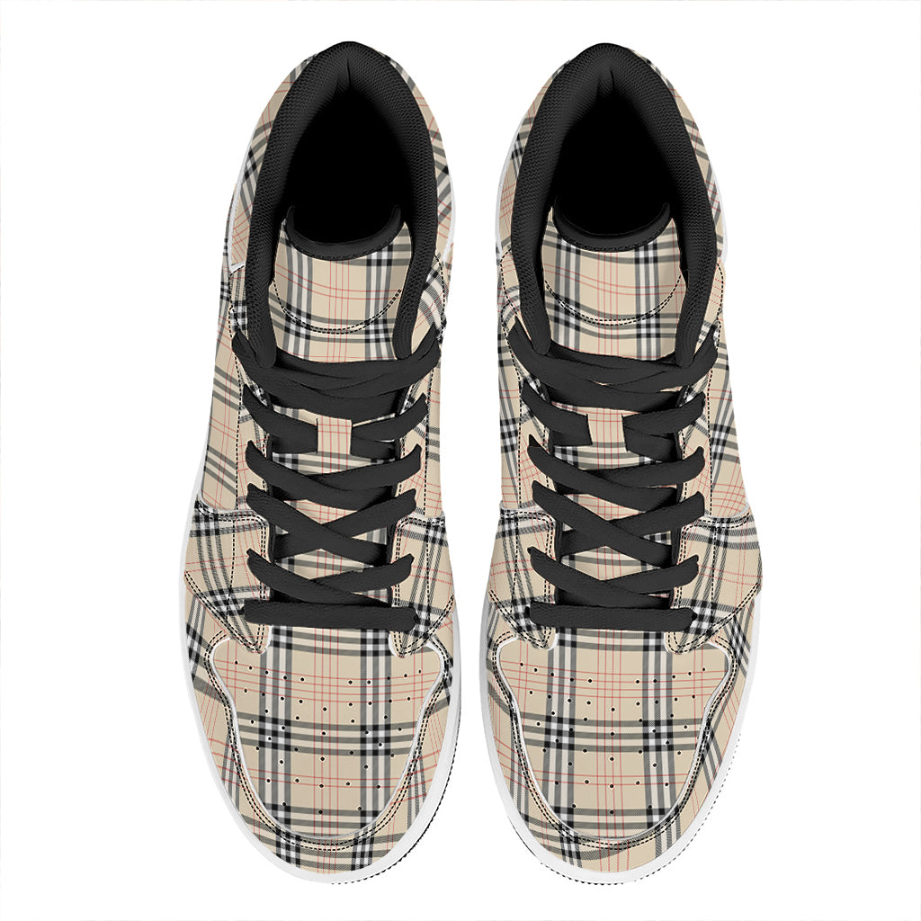 Beige Tartan Pattern Print High Top Leather Sneakers