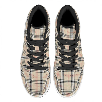 Beige Tartan Pattern Print High Top Leather Sneakers