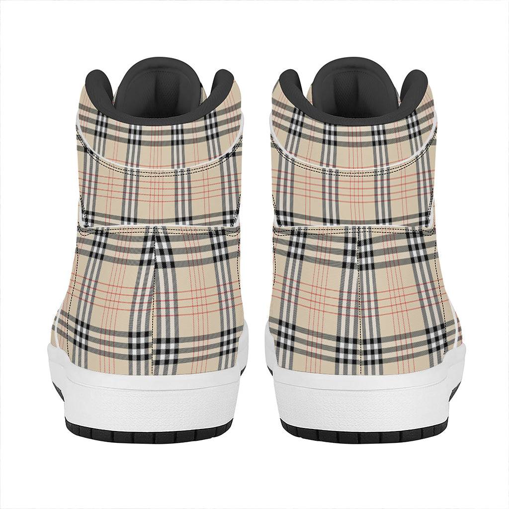 Beige Tartan Pattern Print High Top Leather Sneakers