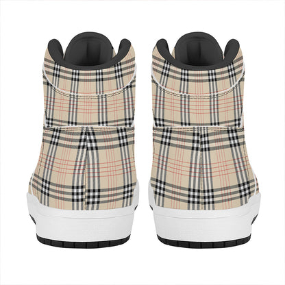 Beige Tartan Pattern Print High Top Leather Sneakers