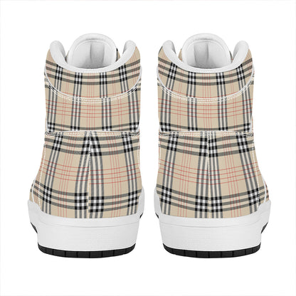 Beige Tartan Pattern Print High Top Leather Sneakers