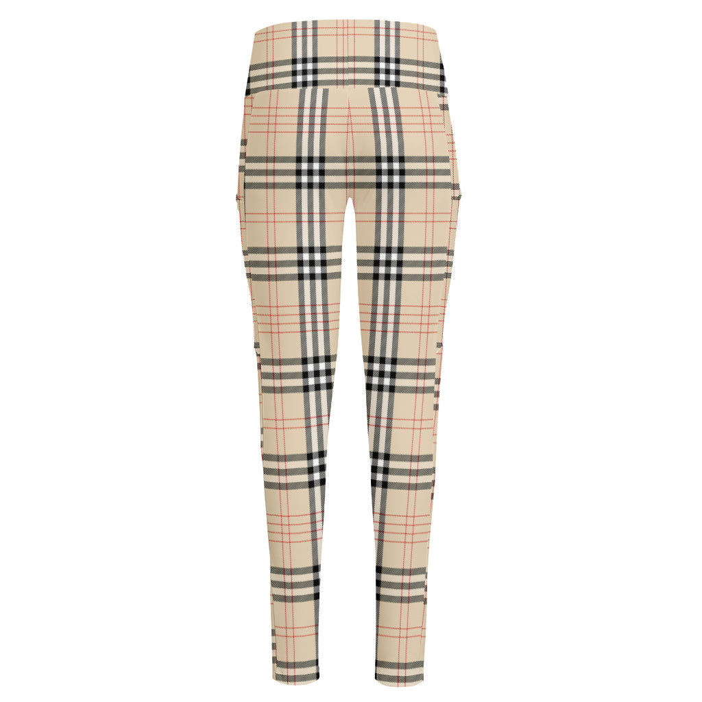 Beige Tartan Pattern Print High-Waisted Pocket Leggings