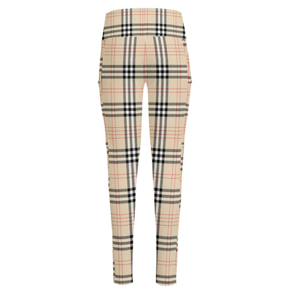 Beige Tartan Pattern Print High-Waisted Pocket Leggings