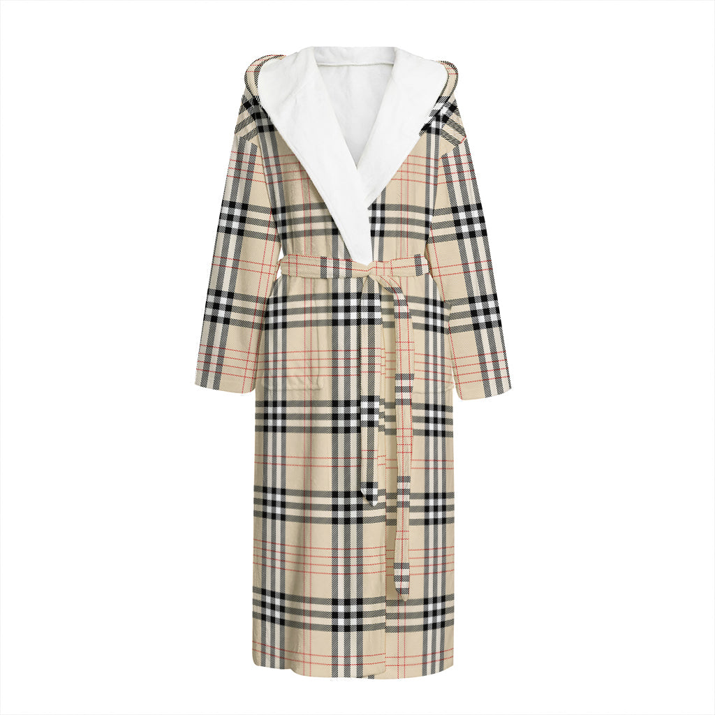 Beige Tartan Pattern Print Hooded Bathrobe