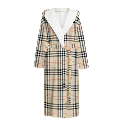 Beige Tartan Pattern Print Hooded Bathrobe