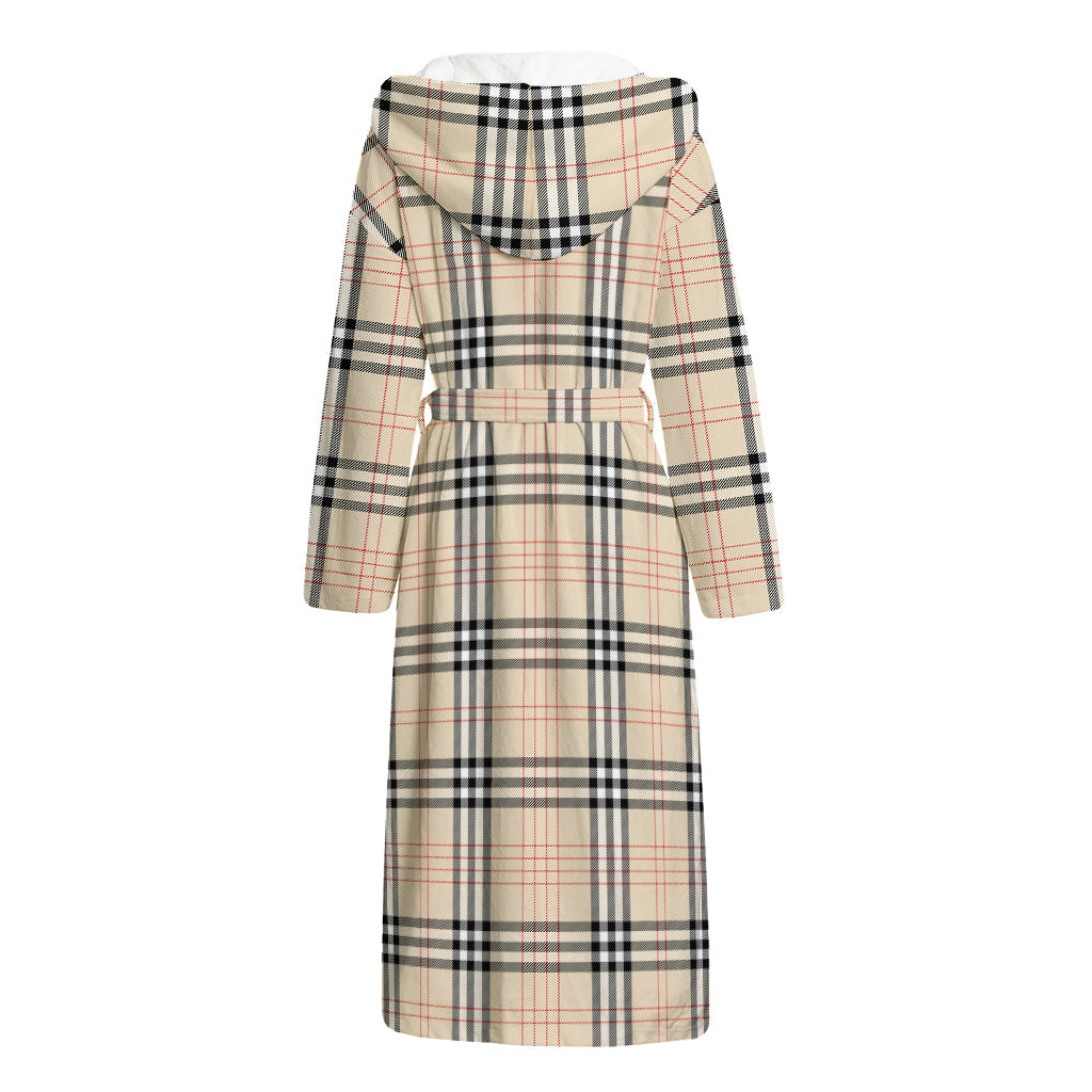 Beige Tartan Pattern Print Hooded Bathrobe