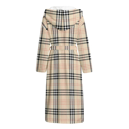 Beige Tartan Pattern Print Hooded Bathrobe