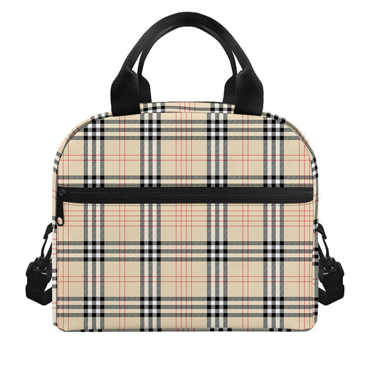 Beige Tartan Pattern Print Insulated Lunch Bag