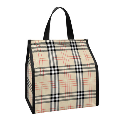 Beige Tartan Pattern Print Insulated Lunch Tote