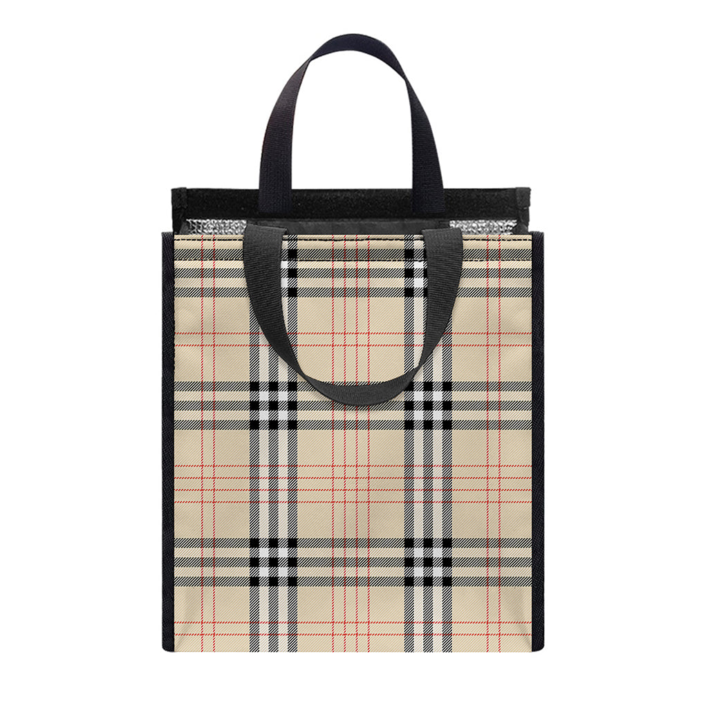 Beige Tartan Pattern Print Insulated Lunch Tote