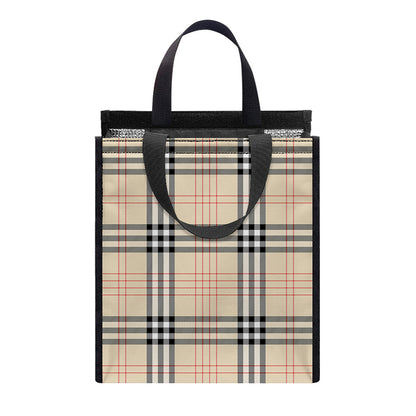 Beige Tartan Pattern Print Insulated Lunch Tote