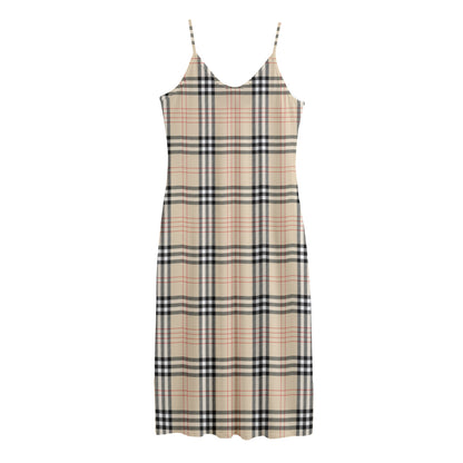 Beige Tartan Pattern Print Jersey Midi Cami Dress