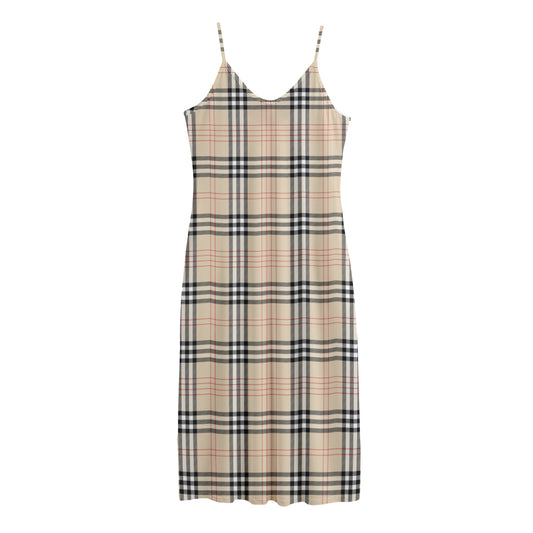 Beige Tartan Pattern Print Jersey Midi Cami Dress