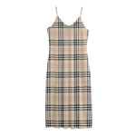 Beige Tartan Pattern Print Jersey Midi Cami Dress