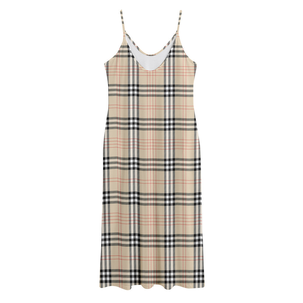 Beige Tartan Pattern Print Jersey Midi Cami Dress
