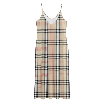 Beige Tartan Pattern Print Jersey Midi Cami Dress