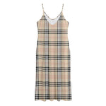Beige Tartan Pattern Print Jersey Midi Cami Dress