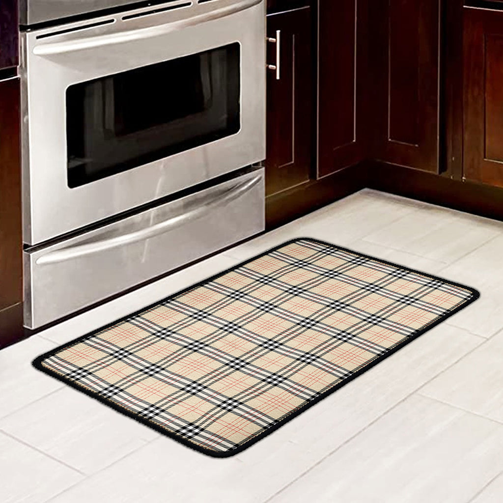 Beige Tartan Pattern Print Kitchen Mat