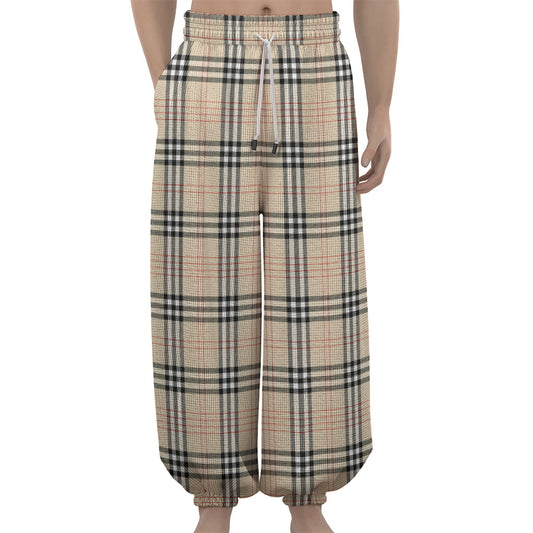 Beige Tartan Pattern Print Lantern Pants