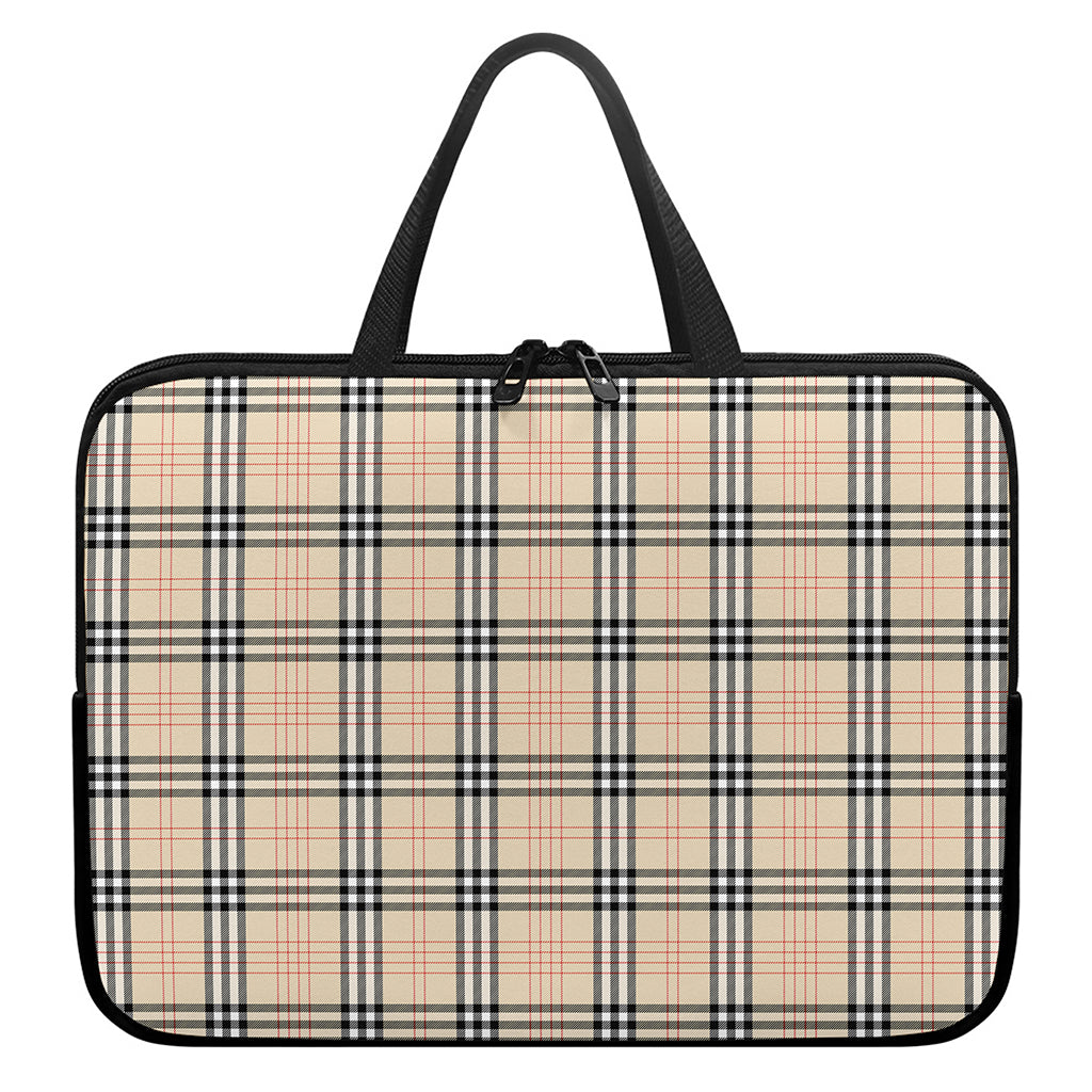 Beige Tartan Pattern Print Laptop Sleeve With Handle