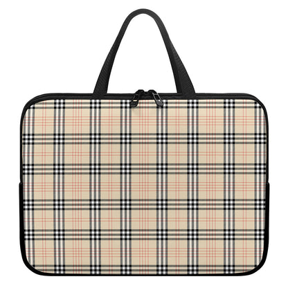 Beige Tartan Pattern Print Laptop Sleeve With Handle