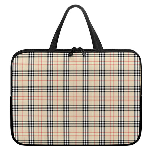 Beige Tartan Pattern Print Laptop Sleeve With Handle