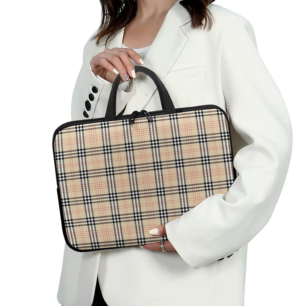 Beige Tartan Pattern Print Laptop Sleeve With Handle