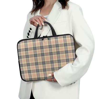 Beige Tartan Pattern Print Laptop Sleeve With Handle