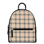 Beige Tartan Pattern Print Leather Backpack