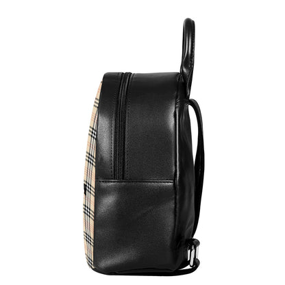 Beige Tartan Pattern Print Leather Backpack