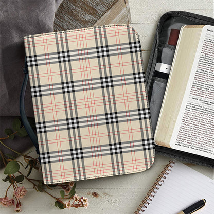 Beige Tartan Pattern Print Leather Bible Cover
