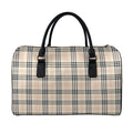 Beige Tartan Pattern Print Leather Duffel Bag