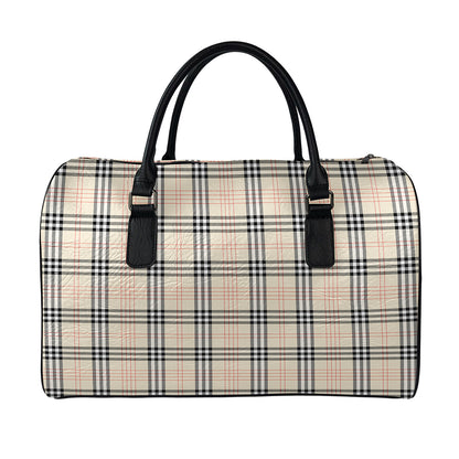 Beige Tartan Pattern Print Leather Duffle Bag
